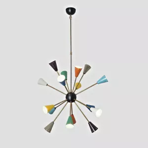 Mid Century Style 16 Multicolored Arms Brass Cone Sputnik Chandelier lights - Picture 1 of 6