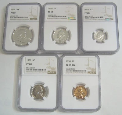 Beautiful White 1958 Proof Set - all 5 coins grade NGC PR68, PF68, PR 68 - Image 1 of 2