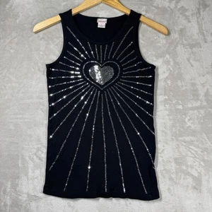 xhilaration retro Y2K Style Black Tank Top Silver Sequins Heart Sunburst XL - Picture 1 of 9