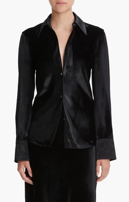 NUEVA Camisa Vince Negra Terciopelo Corte Sesgado Manga Larga Abotonada Talla XS NUEVA CON ETIQUETAS $425 Foto 1 de 4