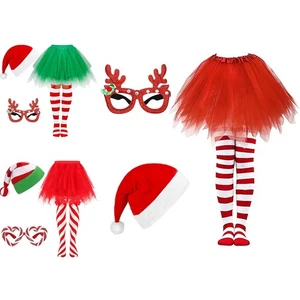 Womens Christmas Dress Up Set Santa Hat Tutu Skirt Striped Tights Glitter Glass - Picture 1 of 10