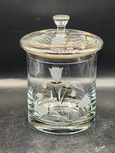 Vtg Romanian Crystal Handcrafted 24 Kt Gold Gilded & Etched Flowers Lidded Jar. - Picture 1 of 8