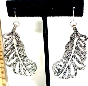 Vintage Silver Color Marcasite Feather Shaped 2" Dangle Pierced Wire Earrings - Picture 1 of 3
