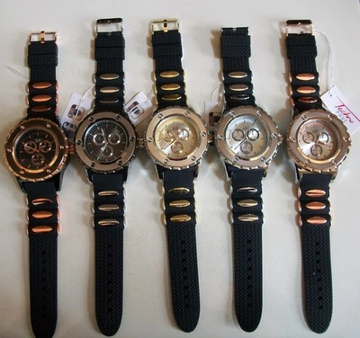 Men's Silver, Gold, Rose Gold Finish Fashion Black Silicone Band Hip Hop Watch - Image 1 of 3