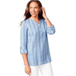 Talbots Top Blouse Embroidered Blue White Floral Stripe Roll Tab Sleeve Sz 1XP - Picture 1 of 16