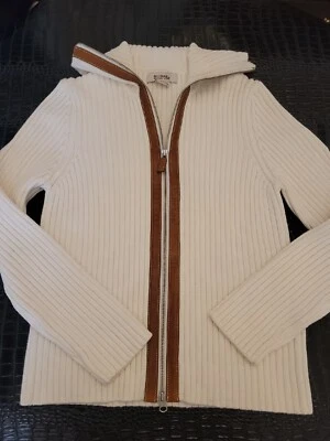 Michael Kors sz L white cable knit leather trim zip front sweater — 第 1/4 张图片