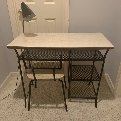 VTG MID CENTURY IRON MESH LAMINATE DESK W CHAIR and BUILT IN LAMP Cover