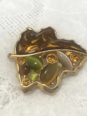 KC Signed Enamel Brooch Pendant Green Amber and Brown Leaf Kenneth Cole — 第 1/4 张图片