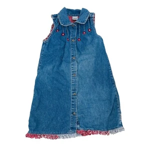 Vintage OshKosh B'Gosh Denim Dress Girls 6 Blue Red Embroidered Flowers - Picture 1 of 11