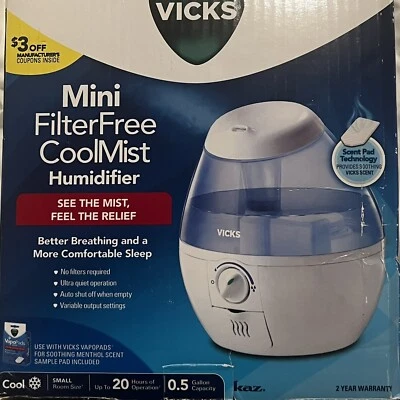 Mini humidificador de niebla fría sin filtro Vicks, blanco, VUL520W. Nuevo. Caja dañada Foto 1 de 4
