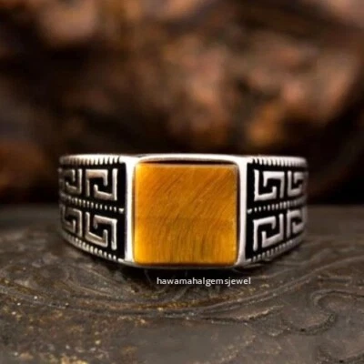 Solid 925 Sterling Silver Gemstone Handmade Tiger's Eye Mens Unique Jewelry Gift - Image 1 of 4