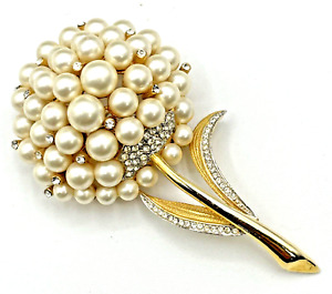 Vintage Trifari ? Simulated Pearl Cluster And Pave Rhinestone Domed Brooch 3"
