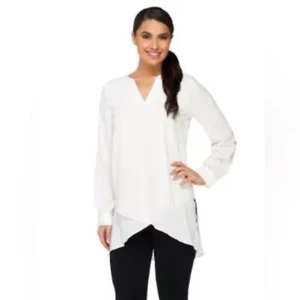 Susan Graver Women’s Crossover Hem Roll Tab Sleeve Petite Tunic Top Size 10P - Picture 1 of 10