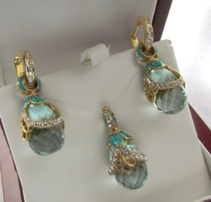 AQUAMARINE EARRINGS & PENDANT SET HANDMADE RUSSIAN SOLID STERLING SILVER 925 - Picture 1 of 8