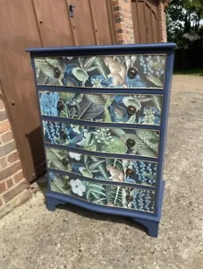 Custom Order Vintage Upcycled Chest Of Drawers Navy Blue Wooden Jungle Wallpaper - Picture 1 of 3