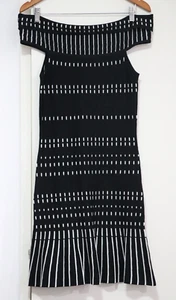 NEW Forever New Knit Dress Size 10 Black Porcelain Broken Striped Off Shoulder - Picture 1 of 11