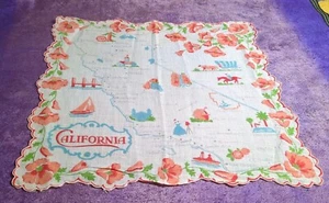 VINTAGE 1950S CALIFORNIA STATE MAP SOUVENIR COTTON HANKIE HANDKERCHIEF  - Picture 1 of 5