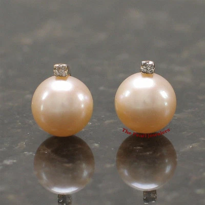 14k Yellow Gold Diamond & Peach Pearl Stud Earrings - Image 1 of 3