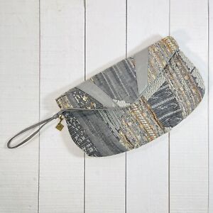 Vintage Boho Purse Handbag 1970's 1980's Textured Knit Leather Clutch Gray Beige