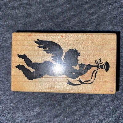 Silueta de ángel querubín vintage - sello de goma montado en madera Foto 1 de 4