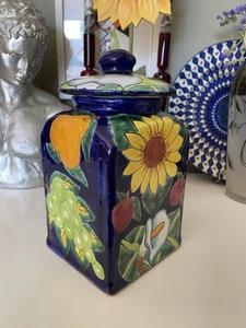 Talavera bleifreies Keramikglas bemalt signiert, Sonnenblume Calla Früchte 9,5 - Bild 1 von 13