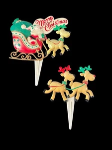 Vintage JSNY Frohe Weihnachten Santa Schlitten Rentier Kunststoff Hof Rasen Pfähle - Bild 1 von 8