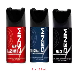 3 x 150ml Denim Mens MIXED Deodorant Body Spray ORIGINAL BLACK RAW PASSION - Picture 1 of 2