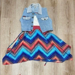Good Fellows VTG Denim Vest & Emily West colorful embroidered dress sz 7 - Picture 1 of 6