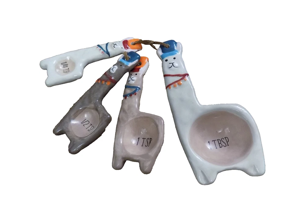 ADORABLE Llama Shaped Painted Ceramic Measuring Spoons Unique Gift 4 pc set New - Image 1 of 4