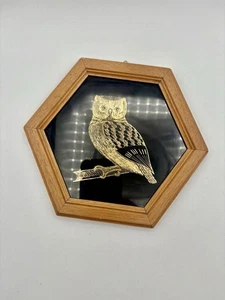 Vintage Eule Design Gold Kunst Wandbehang Bild Künstler signiert P 6,5” X 7”  - Bild 1 von 5