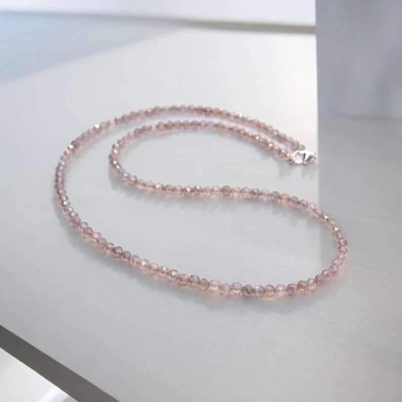 Collares hechos a mano con cuentas de piedras preciosas redondas facetadas de cuarzo rosa rosa de 2-3 mm regalo 18" Foto 1 de 4