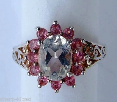 Anel oval de pedra preciosa topázio branco com detalhes redondos de topázio rosa - Prata esterlina - Imagem 1 de 4
