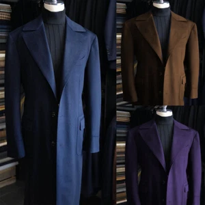 Men's Long Overcoat Wool Wide Peak Lapel Business Formal Outdoor Wear With Belt - Picture 1 of 15