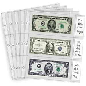 50 Pack 3-Pocket Binder Currency Sleeves for Collectors Bills Banknotes Coupons