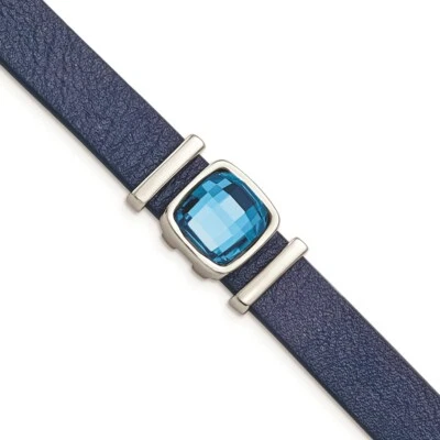 Stainless Steel Polished Blue Leather w/Crystal w/1.25in ext 7in Bracelet - Image 1 of 3