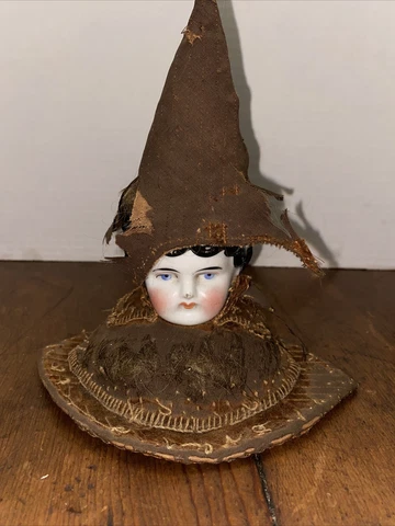 Antique Porcelain and Velvet Doll Head Pin Cushion Cover