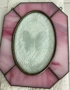 Vintage Stained Glass Pink With Etched Butterfly Wall hanging Sun Catcher - Picture 1 of 6