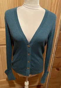 Tory Burch Teal 100% Merino Wool V-Neck Button Up Cardigan Sweater Size Large - Picture 1 of 7