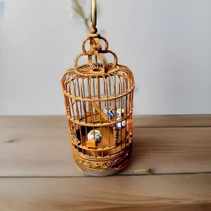 Jaula de pájaros china tallada en miniatura de bambú de colección 3 cuencos de alimentación de porcelana 10,5" - Imagen 1 de 22