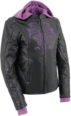 Milwaukee Leather Women's Black and Purple Leather Hoodie Lined Jacket Sz L NEW - Image 1 of 4