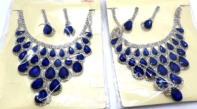 Faux Blue Sapphire/Clear Rhinestone Statement Necklace w/ Earrings - 2 Sets NIB - Image 1 of 4