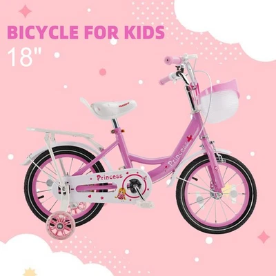 🚲18" Niños Princesa Bicicleta Niñas Bicicleta con Ruedas de Entrenamiento Cesta Rosa Foto 1 de 4