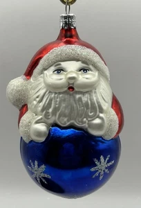 Santa On Starry Blue Ball Blown Glass Glitter Ornament Czechoslovakia 5”Hx3”W - Picture 1 of 8