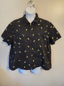 Quacker Factory Women's Black Embroidered Pineapple Jacket Short Sleeve Zip 2X - Picture 1 of 7