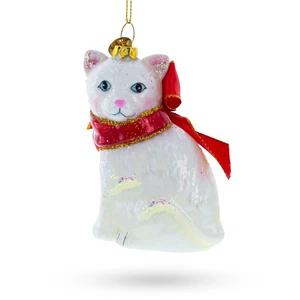 White Cat with Red Scarf Glass Ornament - Picture 1 of 6