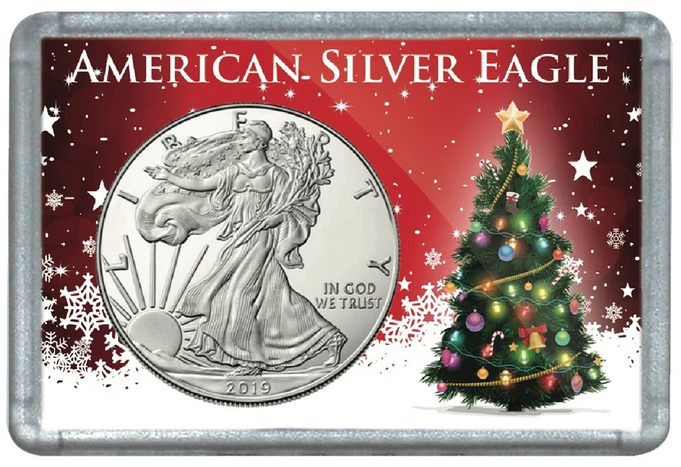 American Silver Eagle Moneda Snaplock Navidad Regalo Soporte Árbol ASE Estuche Escarchado Foto 1 de 1