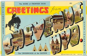 CHEYENNE Wyoming Large Letter Greetings Cowboys 1940s Curteich Vintage Postcard - Picture 1 of 2