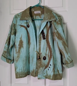 VTG Art-To-Wear Blazer Jacket Womens Medium Turquoise Beige Toggle Closure Boho - Picture 1 of 8