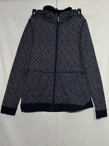 T By Talbots Jacket Womens Small Petite Blue White Stretch Geometric Full Zip - Picture 1 of 8