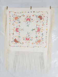 Antique Chinese Silk Embroidered Floral Piano Shawl 35x35 inches - Picture 1 of 11